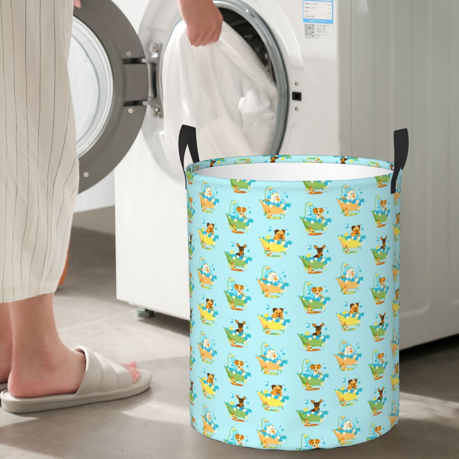 Gukieu Doggy In Bubble Bath Print Round Dirty Clothes Bag, Waterproof Standing Home Bathroom Storage Basket Car Trunk Storage Bag-Small