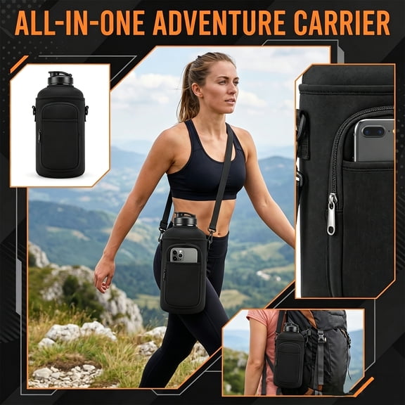 64oz Water Bottle Carrier Sleeve with Phone Pocket - Black Insulated Hydration Jug Holder with Adjustable Crossbody Strap, All-in-One Adventure Carrier for Gym, Hiking, and Travel