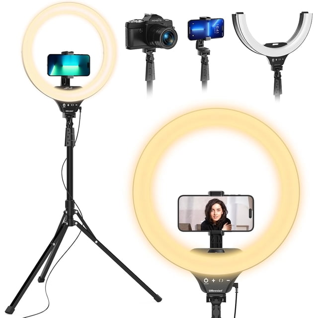 14'' LED Foldable Ring Light with 62'' Tripod Stand, Selfie Ring Light for Video Recording, Live Streaming, TikTok & YouTube, Compatible with & (Black)