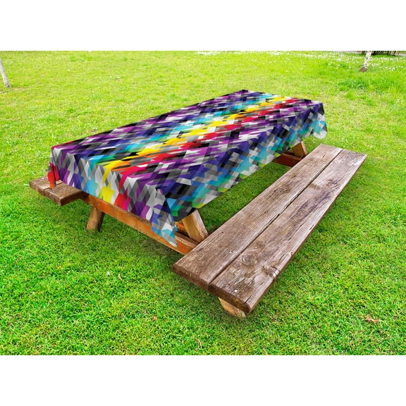 Colorful Outdoor Tablecloth, Diagonal Geometrical Houndstooth Pattern in Rainbow Colors on Gray Background, Decorative Washable Fabric Picnic Tablecloth, 58 X 120 Inches, Multicolor, by Ambesonne