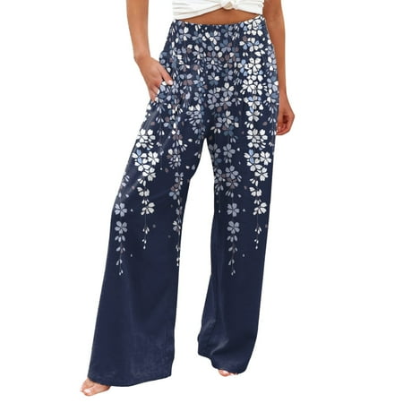 

NEGJ Women s Casual Prints High Waist Wide Leg Palazzo Pants Elastic Waist Loose Comfy Casual Pajama Pants Pockets cargo pants for women linen pants for women summer