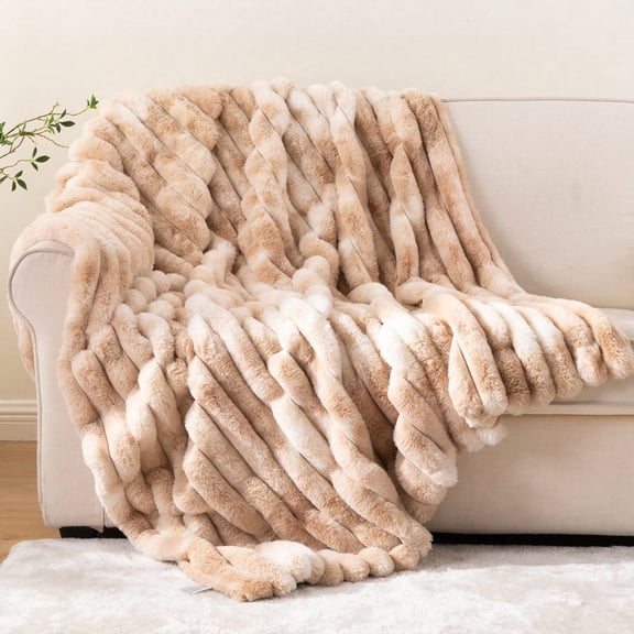 Beige Faux Fur Throw Blanket,Cozy Warm Plush Rabbit Fur Blanket for Couch Home Decor,50"X60"