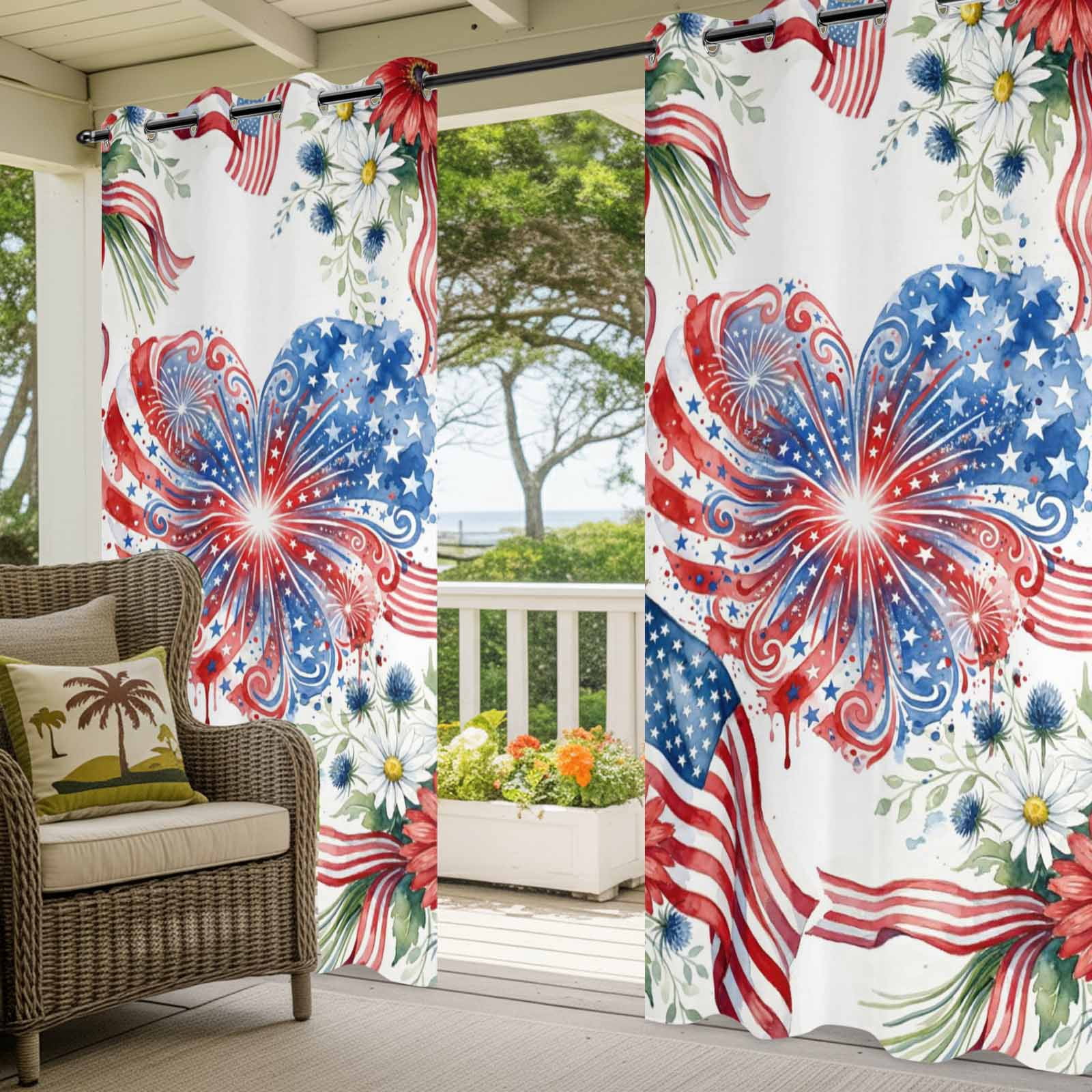 Independence Day Outdoor Curtains for Patio, Abstract American Flag Heart Red Blue Flower Daisy Sunshade Privacy Drapes Grommet Waterproof Outside Curtains for Porch/Cabana/Balcony 54"x 95", 2 Panel
