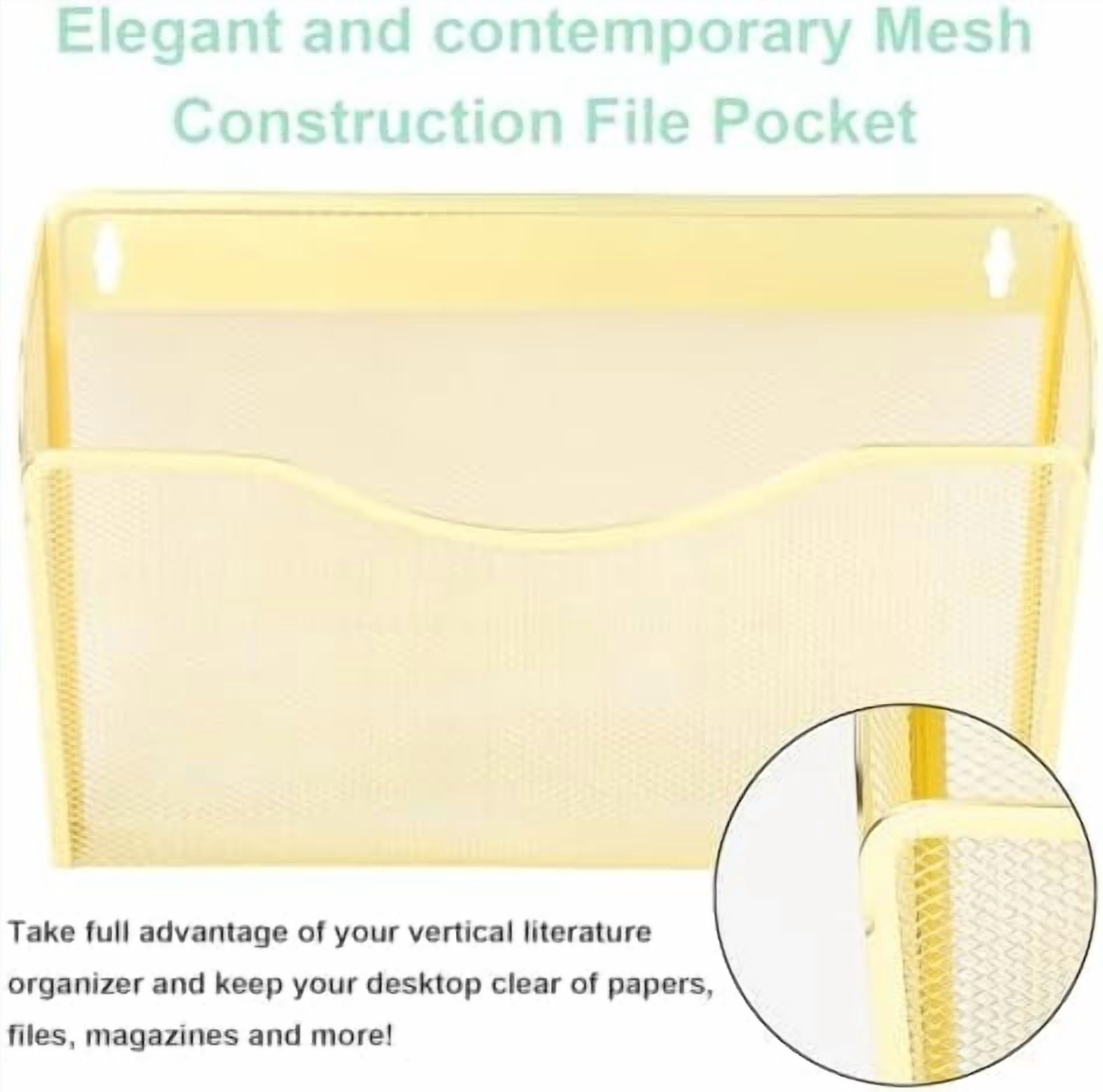 3 Single Pocket Mesh Hanging File Organizer, Vertical Wall Mounted Magazine File Holder, Mount Basket Mail Paper Document Folder Organizing for Office, Home and School, Gold