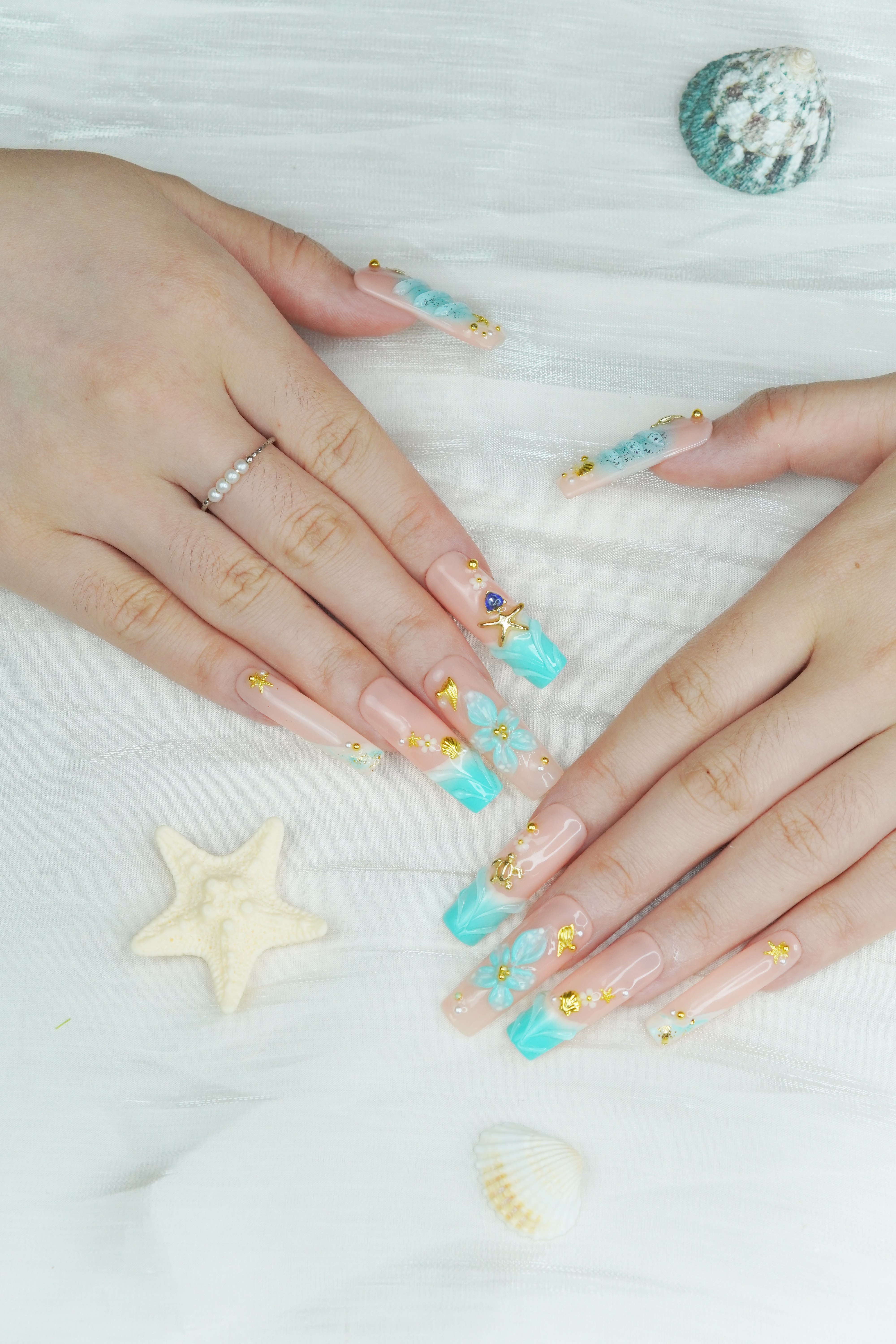 Nail Fairy Seafoam Green 3D Press-On Nails – Tropical Mermaid-Inspired Summer Set of 10 with Free Tool Kit