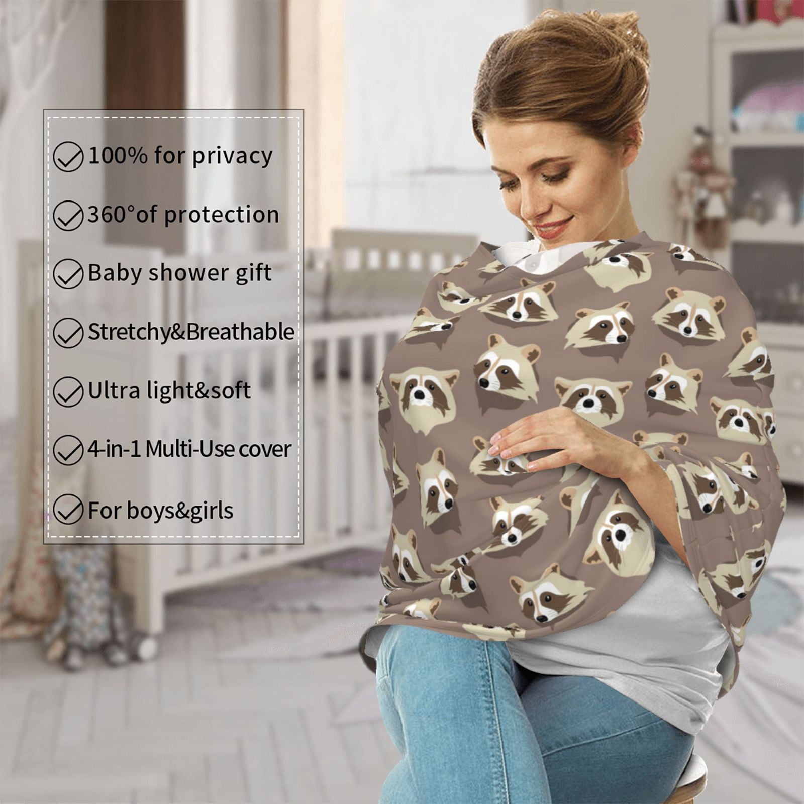 Fotbe Raccoon Pattern Car Seat Covers for Babies, Nursing Breastfeeding Cover Infant Carseat Canopy, Soft Stretchy Carrier Cover