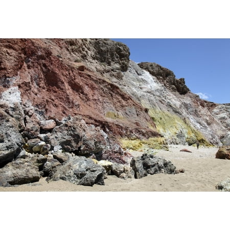 Hydrothermally altered red and yellow cliffs with fresh fumarolic deposits Greece Canvas Art - Richard RoscoeStocktrek Images (35 x 23)