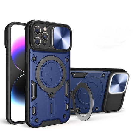 Heavy Duty Case for iPhone 11 Pro 5.8 inch, Camera Lens Sliding Cover with Hidden Bracket Magnetic Car Mount Holder, Rugged PC+TPU Hybrid Military Grade Shockproof Lens Protection Case,Blue