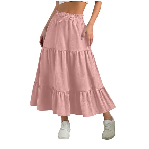 Qiopertar Women's A-Line Long Skirts Casual Comfy Elastic Waist Pleated Maxi Skirts Solid Color Loose Fit Spring Summer Vacation Beach Travel Boho, Pink S