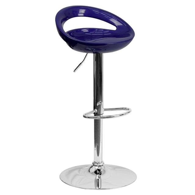 Contemporary Blue Plastic Adjustable Height Barstool with Rounded Cutout Back and Chrome Base