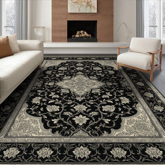 ODIKA 8'x10' Washable Area Rug Foyer Traditional Botanical Symmetrical Layout Delicate Entryway for Living Room, Under Sectional, Family , Durable, Non-Slip