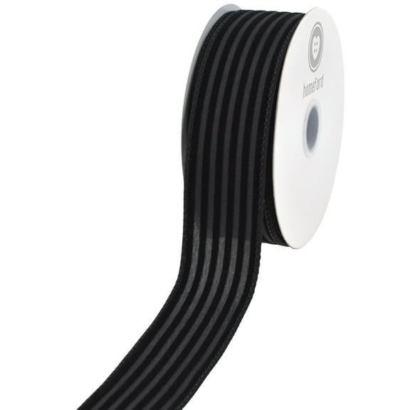HOMEFORD Flocked Thin Cabana Stripes Wired Ribbon, 1-1/2-inch, 10-yard, Black