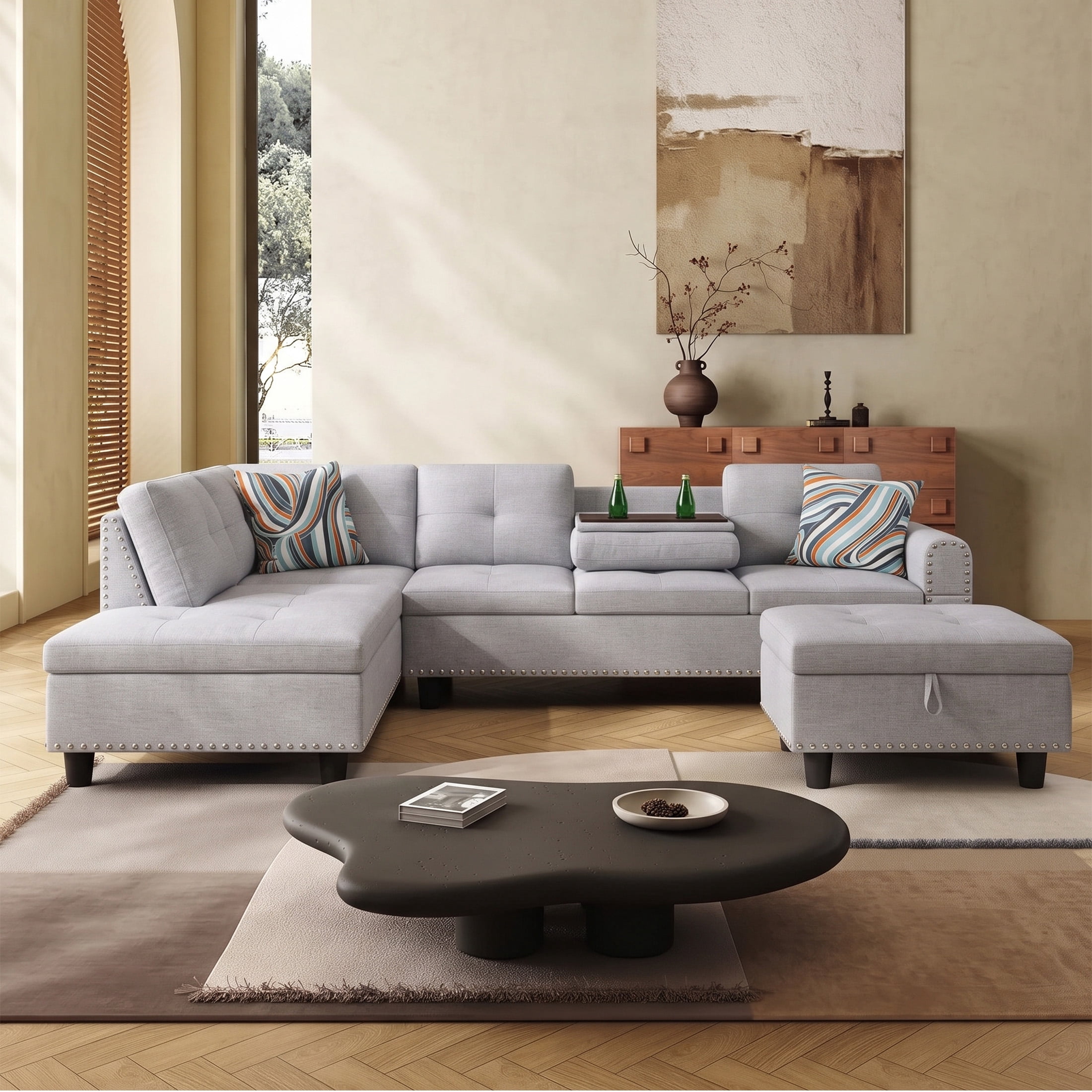 AENKYO 98" L-Shaped Sectional Sofa with Reversible Chaise, Storage Ottoman & Cup Holders, Flannel, Light Gray