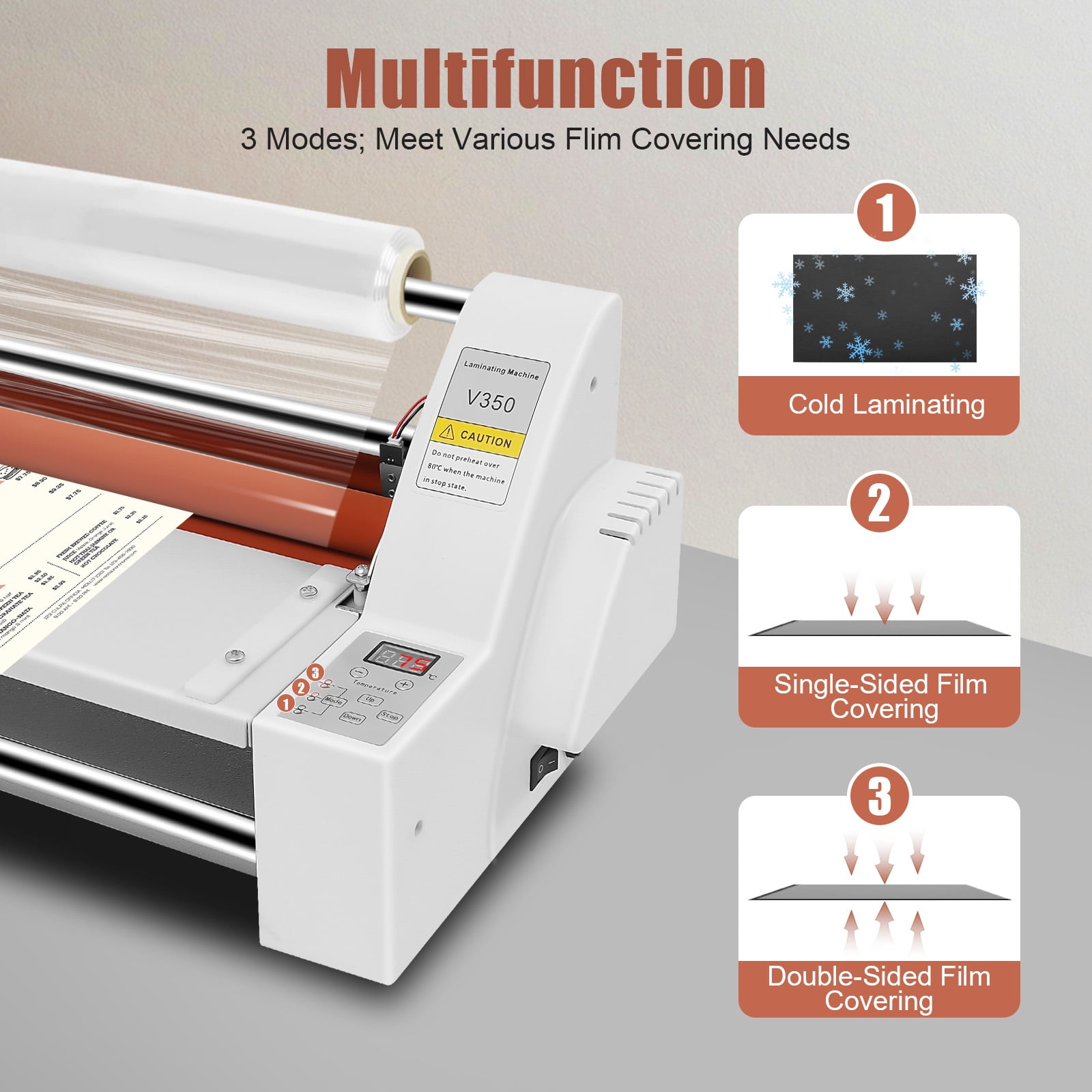 V350 13" 350mm Hot Cold Roll Laminator, Digital Display Single&Dual Sided Laminating Machine for BOPP, Pte, Highlighted Dbw, Cross Pattern Film
