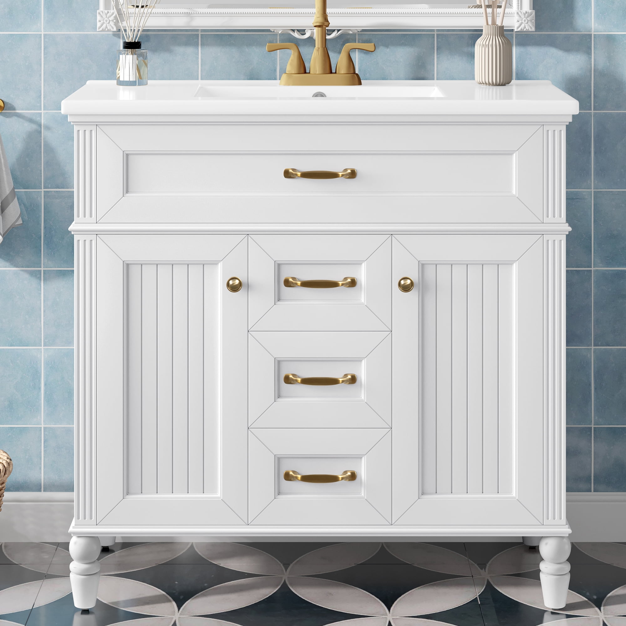 Euroco 36 Inch Bathroom Vanity with Sink Combo, White Freestanding Cabinet with Ceramic Basin, MDF + Solid Wood Frame, Flip-Out Top Drawer, Soft Close Doors, 2 Storage Drawers, Golden Handles