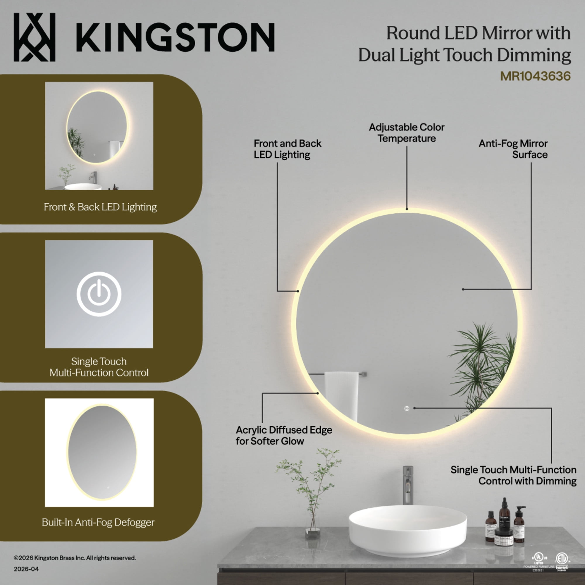 Kingston Brass MR1043636 Aurora 36-Inch Round LED Bathroom Mirror, Front and Back Light, Anti-Fog, Dimmable Touch Sensor Lighted Mirror in Silver