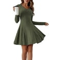 thumbnail image 3 of Robe Courte en Tricot Côtelé à Manches Longues pour Femmes Automne Hiver à Col en V Décontractée Évasée Ligne A Robe Chandail Vert G, 3 of 8