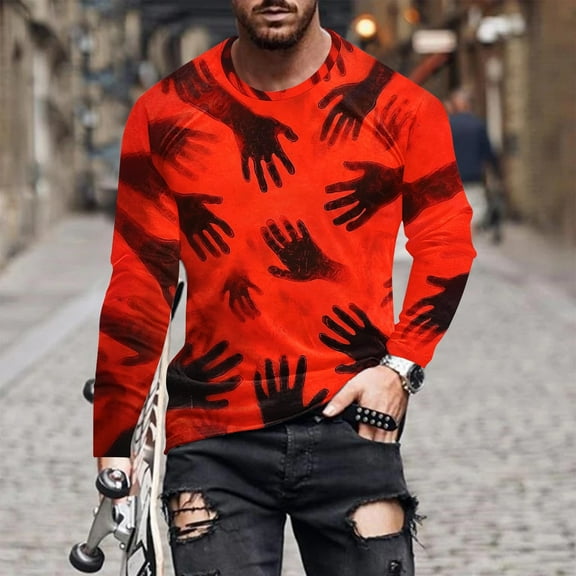 FDGIU Men's Halloween Graphic Tees Men Casual Round Neck Long Sleeve Pullover Halloween Printed T-Shirt Blouse Tops Casual Shirts