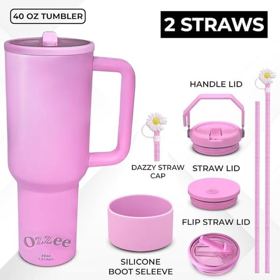 Ozzee 40oz Pink Insulated with Handle and Straw Lid Stainless Steel Tumbler