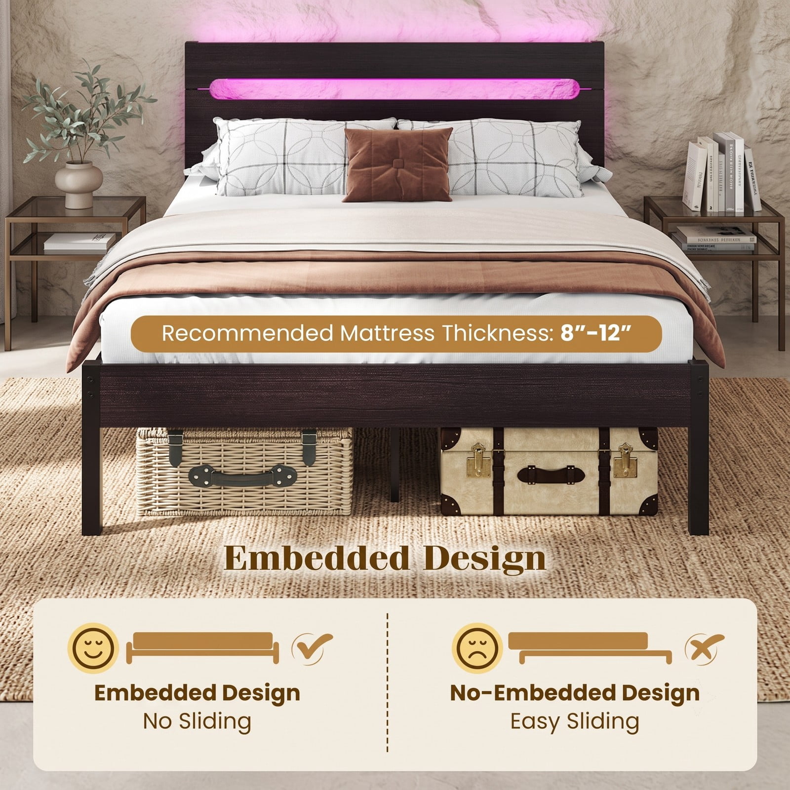 Furnibear Full Size Bed Frame Metal Platform Bed with 16 Color LED Lights Wood Grain Headboard and USB Charging Station, Dark Walnut