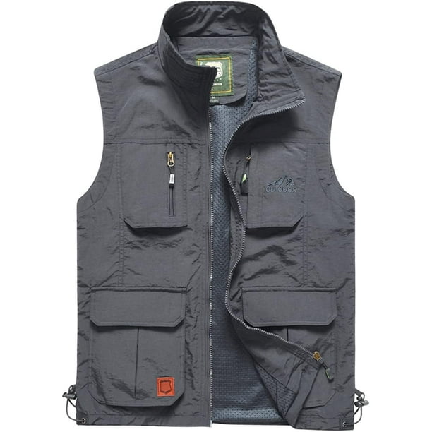 langtato - Chaleco sin mangas para hombre, casual, ligero, de secado rápido, pesca, caza, fotos, sin mangas, con bolsillos,Gris,Grande