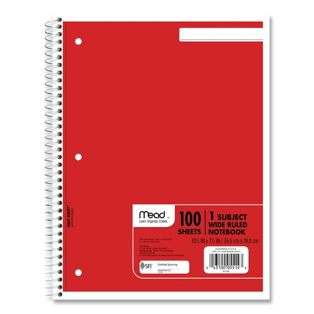 Mead Spiral Notebook, 1-Subject, Randomly Assorted Cover Color, , 100 10.5 x 7.5 Sheets