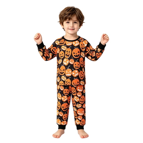 Mercatoo Toddler Boys Girls Halloween Pajamas 2 Piece Long Sleeve Pumpkin Face Print Sleepwear Set with Cuffed Pants Kids Fall PJs