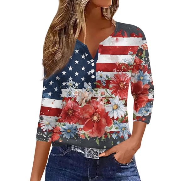 KDDYLITQ 250th Anniversary Usa Shirt Womens Usa Star Stripes Button V Neck Tops Usa Flag 3/4 Sleeve Tees Soft Clothes Navy S