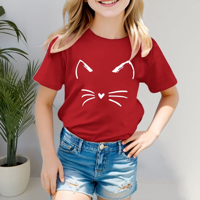 BYHONG T-Shirt à Manches Courtes Imprimé Chat pour Garçons et Filles Vêtements Décontractés Col Rond Tunique Rouge 120