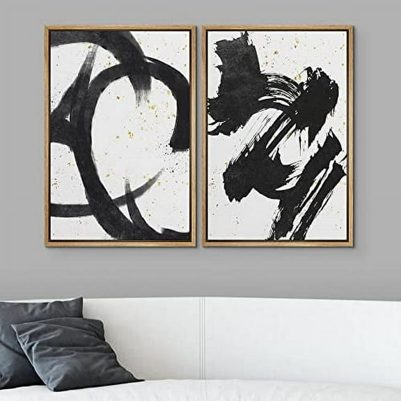 PixonSign Framed Wall Art Set Black White Ink Paint Stroke Collage Abstract Geometric Canvas Prints Graffiti & Street Modern Art Decorative for Living Room, Bedroom, Office - 24"x36" Natural