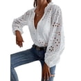 thumbnail image 3 of Women Deep V Neck Eyelet Blouses 3/4 Balloon Sleeve Button Down Hollow Out Fall Shirts White XXL, 3 of 9