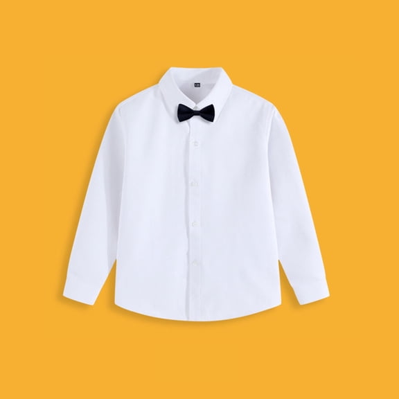 Boys' Long Sleeve Solid Color Dress Shirt with Bow Tie, Comfortable Formal Shirt for Events & Daily Wear, 3-15 Years Black 7-8 Years