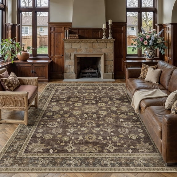 BERTHMEER 8'x10' Area Rugs for Living Room Large Vintage Brown Carpets for Bedroom Office Machine Washable Farmhouse Dining Room Oriental Rugs Non Slip Traditional Distressed Rugs