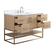 Benton Collection 48 Light Oak Bathroom Vanity with White Quartz Top