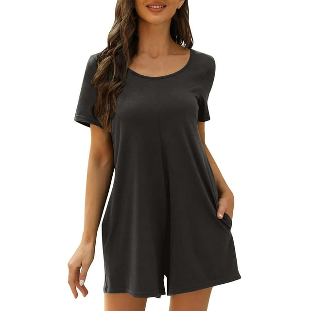 aidice Summer Jumpsuits for Women Round Neck Short Sleeve Keyhole Back Loose Casual Shorts Rompers