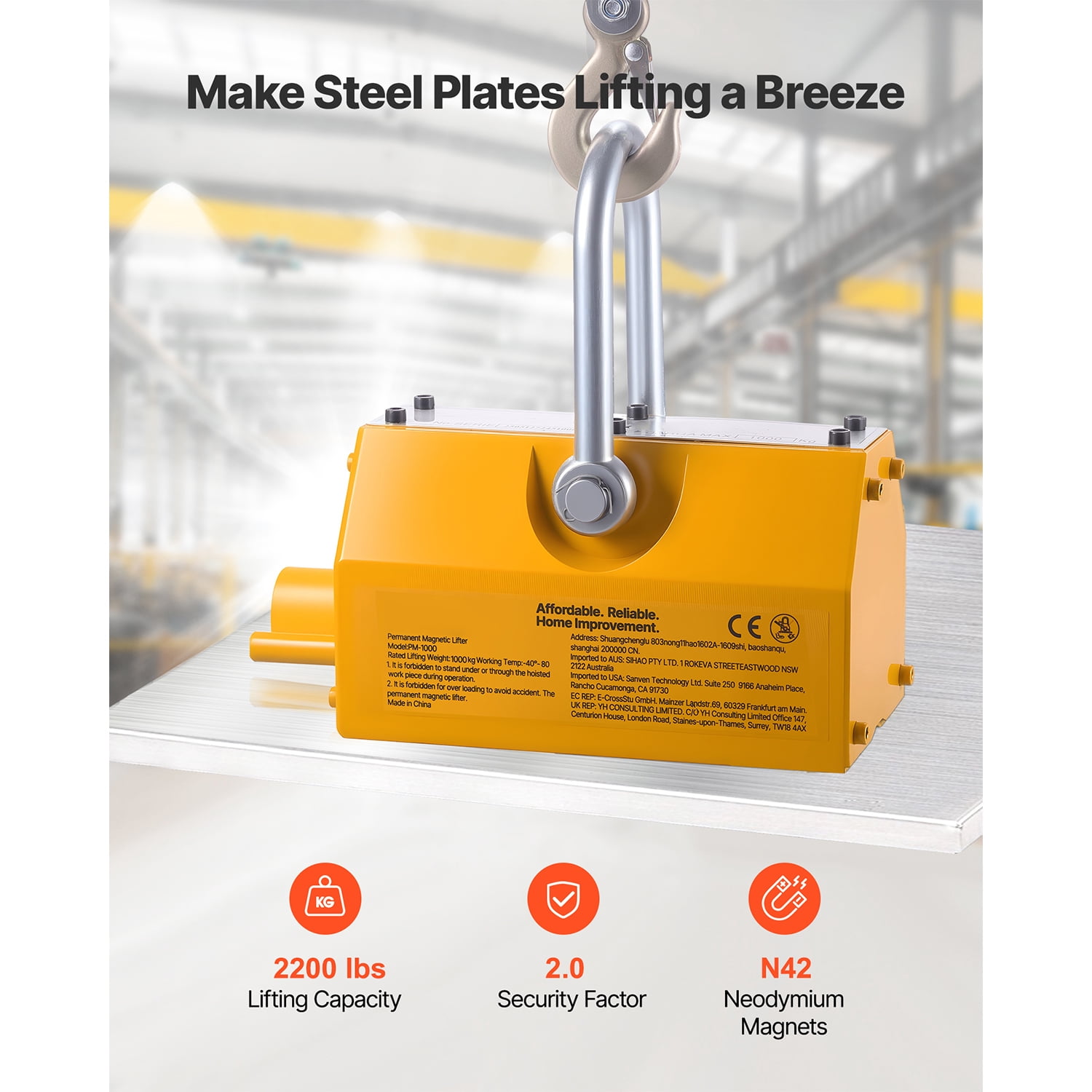 KFFKFF Permanent Magnetic Lifter, 2200 lbs Capacity, Durable N42 Neodymium Magnet with Release Handle and Steel Hook, Suitable for Shop Cranes and Hoists, Ideal for Lifting Steel Plates and Boards