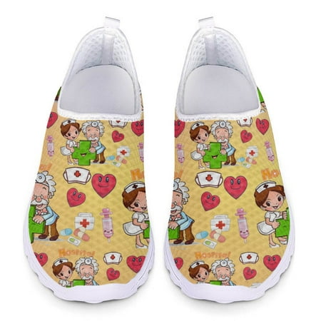 

FORUDESIGNS Cartoon Medical Hospital Nurse Pattern Ladies Sneakers Comfortable Women Light Loafers Slip-on Air Mesh Flat Shoes