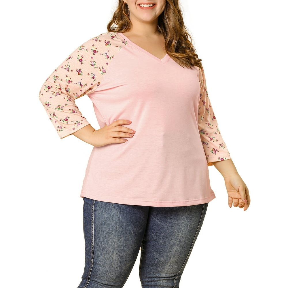 Unique Bargains Womens Plus Size Floral Print V Neck 34 Sleeve Raglan Top 6223