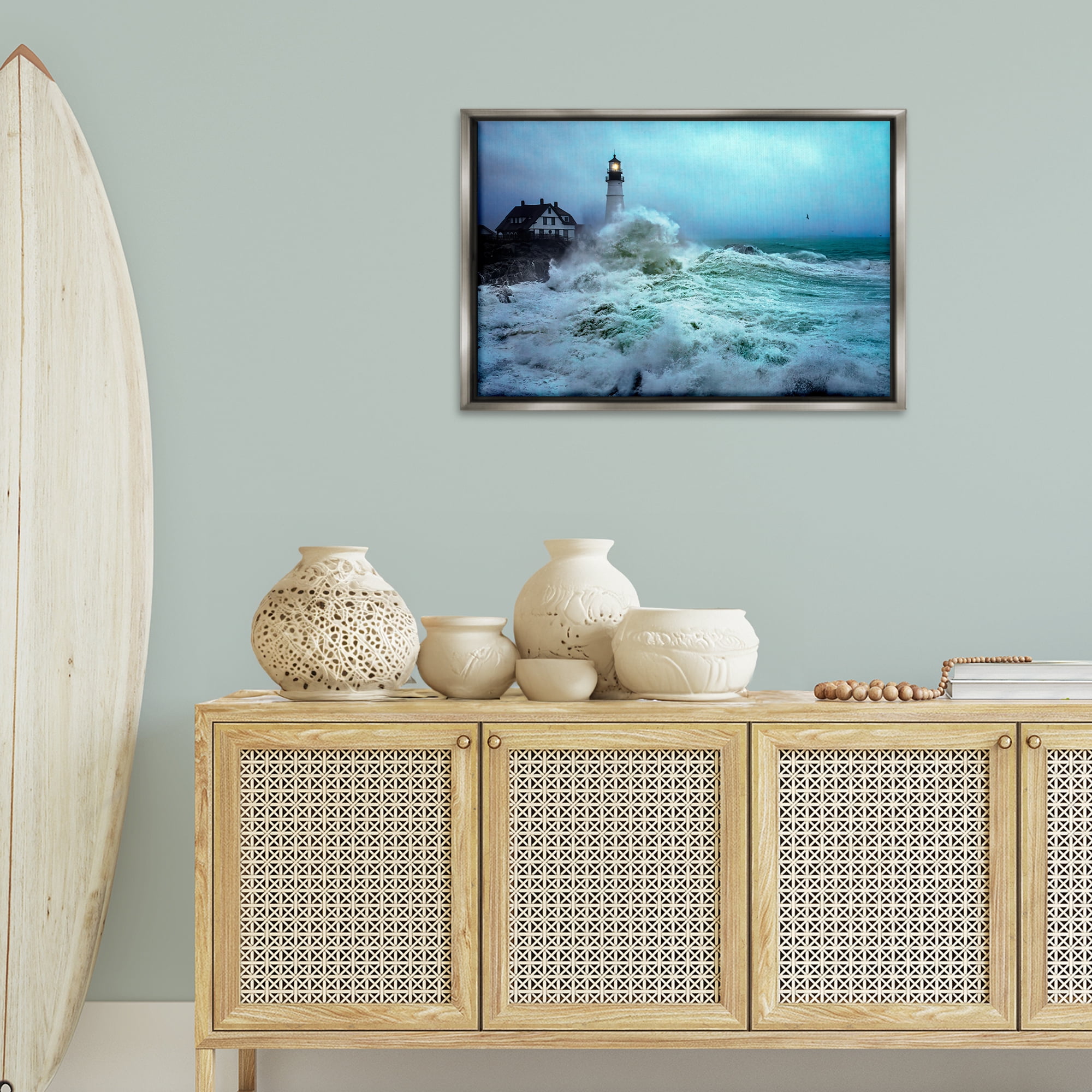 Stupell Industries Tall Splashing Waves Lighthouse Nautical & Beach Photography Gray Floater Framed Canvas Art Print Wall Art, 31 x 21