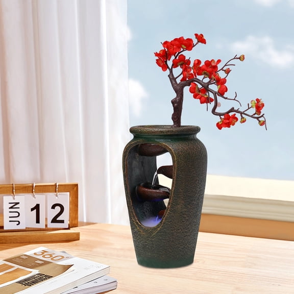 Indoor FengShui Decor Flower Vase Waterfall Table Top LED Light Water Fountain