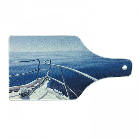 Navy Cutting Board, Boat Show Ocean Sea Life with Ship Yacht Landscape of Islands Image Photo, Tempered Glass Cutting and Serving Board, Wine Bottle Shape, Navy Blue and White, by Ambesonne