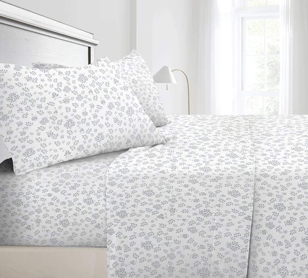 Floral Bed Sheet Set (King,White-Gray) 4 Pieces Deep Pocket 1800 Series