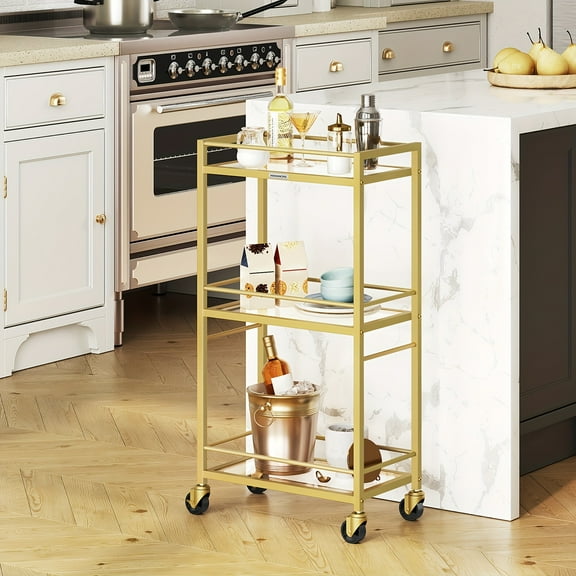 Bar Cart For The Home, 3-Tier Drink Cart On Wheels, Home Bar Serving Cart, Mini Bar Cart For Small Space, Rolling Kitchen Cart For Bar, Kitchen, Dining Room, Golden