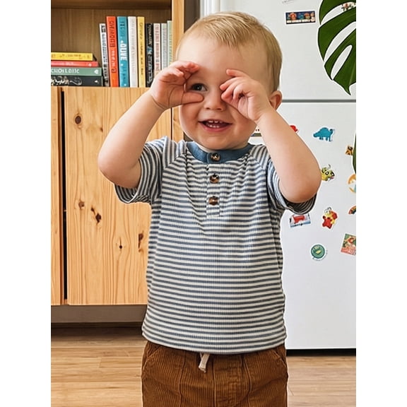 Cenuakty 3M-4T Toddler Baby Boys Summer T-Shirts Striped Half Button Up Crew Neck Short Sleeve Casual Tops