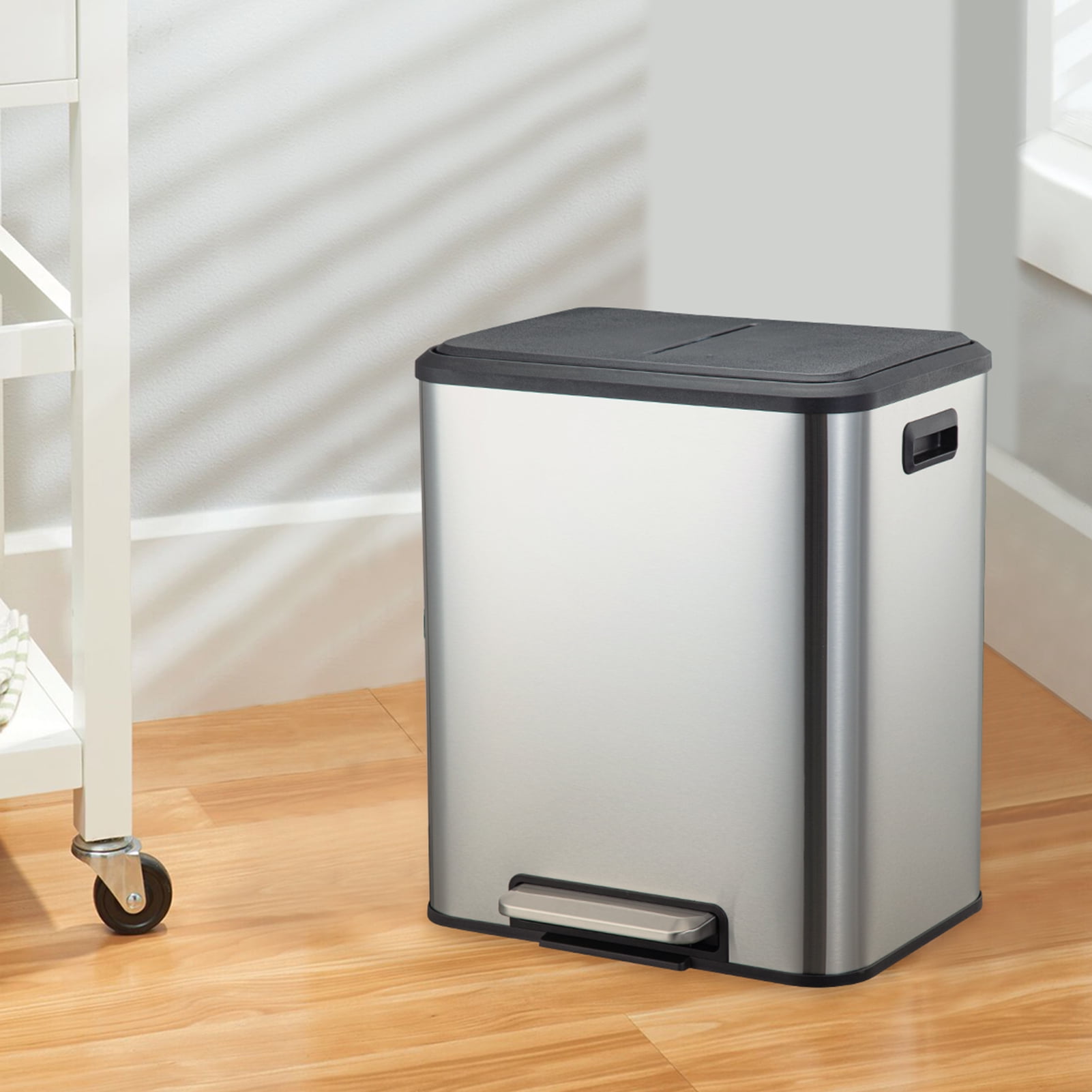 Dual Trash Can for Recycling and Trash, 2 x 15 L (30 L) Stainless Steel Kitchen Trash Can with Lid and Foot Pedal, Double Compartment Garbage Can, Trash Can with Recycling Bin