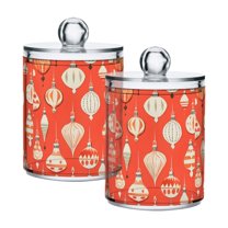 Yayeee 2 Pack Qtip Holder Bathroom Cotton Swab Canister with Lid Clear Dispenser Set, Beige Christmas Ornaments Pattern