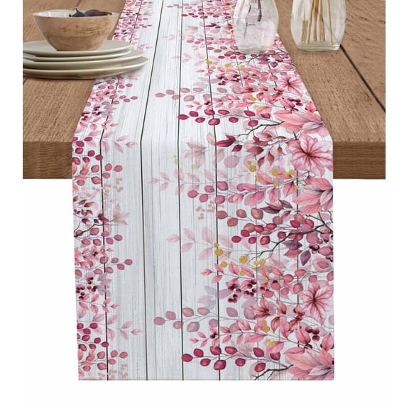 Pink Eucalyptus Leaves Short Table Runners 48 Inches, Cotton Linen Fabric Table Runner Dresser Scarf, Botanical Farmhouse Rustic Wood Tablerunner for Party/Kitchen/Dinner/Wedding Decor 13''x48''