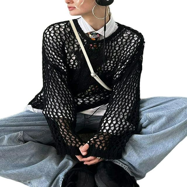 Chandail-over en Crochet Découpé pour Femmes Couleur Unie Manches Longues Chandail Court Transparent en Résille