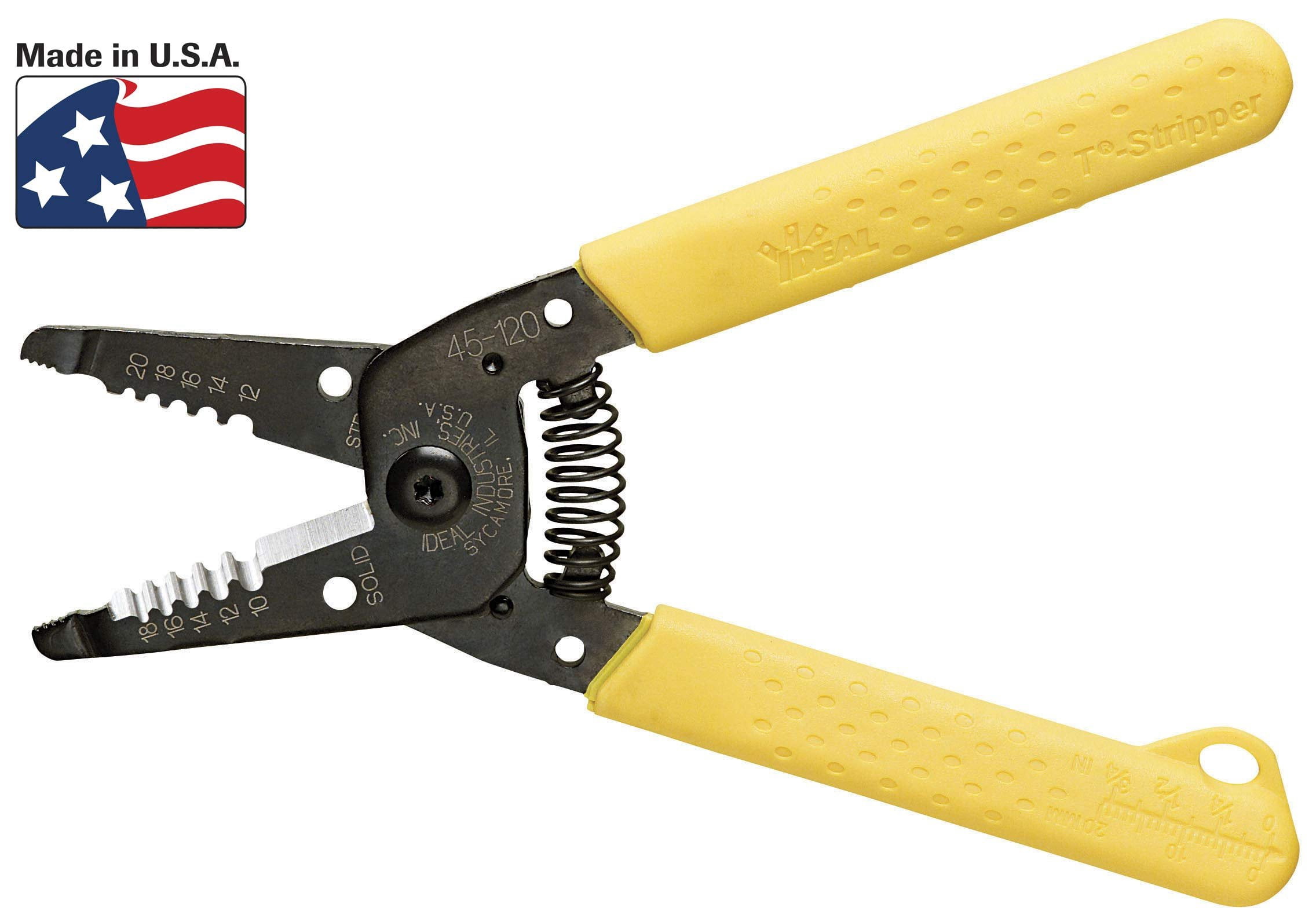 IDEAL Electrical 45-120 T-5 T-Stripper - 10-20 AWG, Yellow Wire Stripper with Looping Holes, Plier Nose, Spring Loaded Automatic Opening,Black