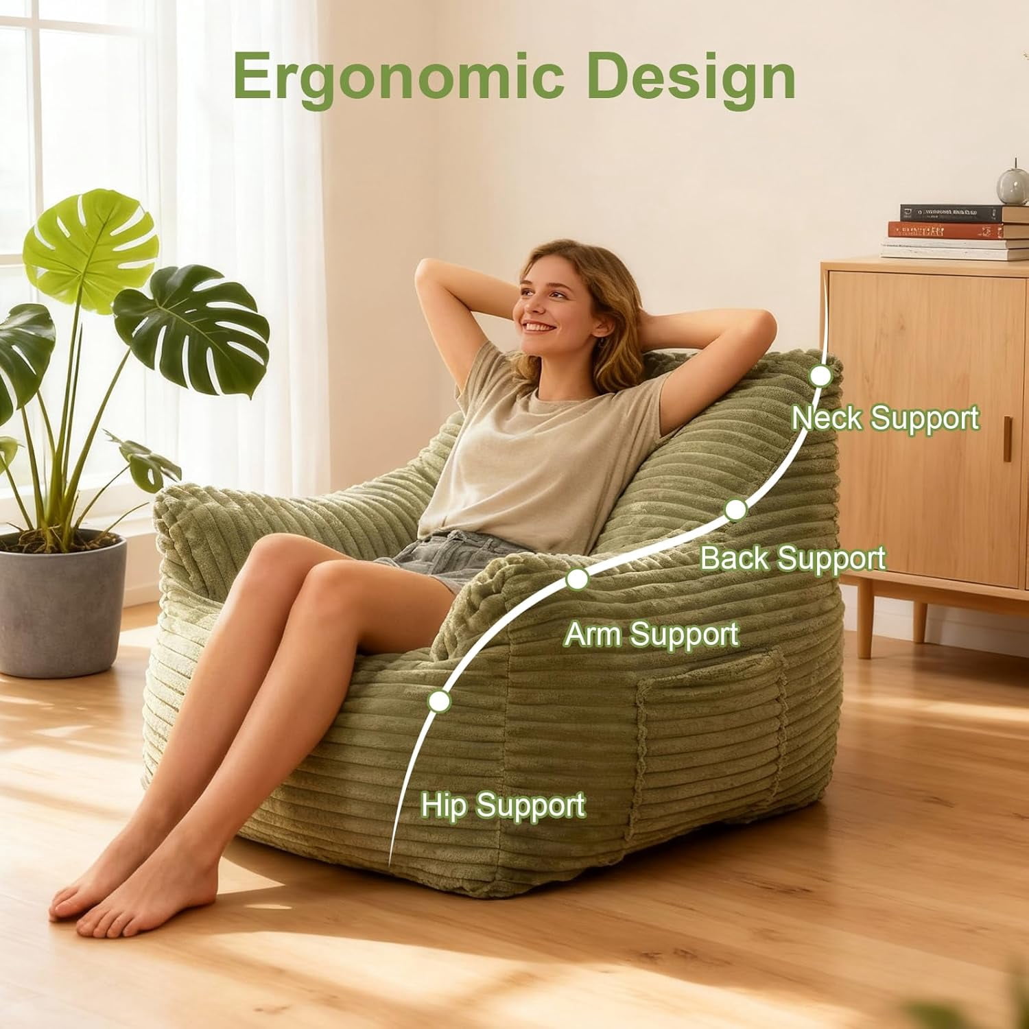 Ywen Bean Bag Chair for Adults & Kids, Giant Bean Bag Sofa with Side Pocket, Corduroy Beanbag Chair with Armrests, Comfy Stuffed Floor Sofa for Living Room Bedroom Dorm, Green